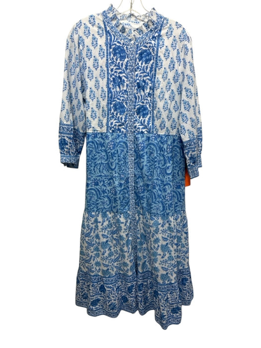 Pink City Print Size XL White & Blue Cotton Block Printed Floral Maxi Dress White & Blue / XL