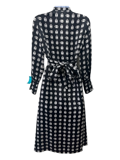 Hermes Size 34 Black & White Silk Long Sleeve Geo Print Button Up Midi Dress Black & White / 34