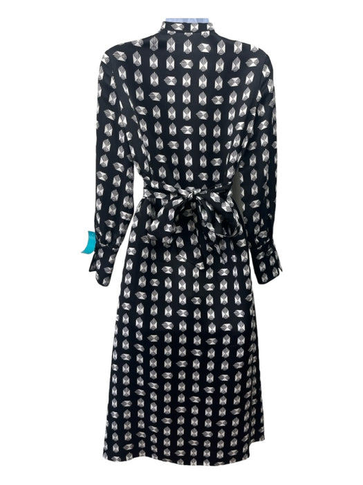 Hermes Size 34 Black & White Silk Long Sleeve Geo Print Button Up Midi Dress Black & White / 34