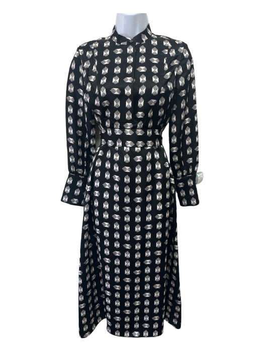 Hermes Size 34 Black & White Silk Long Sleeve Geo Print Button Up Midi Dress Black & White / 34