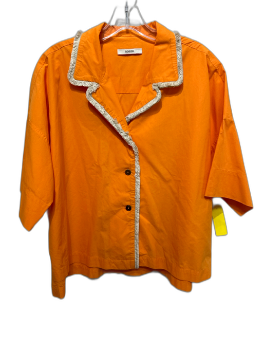Odeeh Size 1 Orange & Beige Cotton Short Sleeve Fringe Trim Button Up Boxy Top Orange & Beige / 1