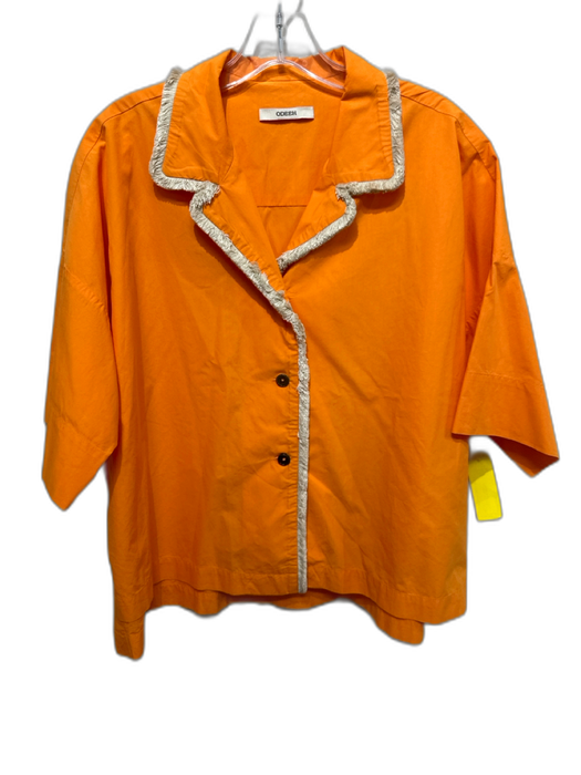 Odeeh Size 1 Orange & Beige Cotton Short Sleeve Fringe Trim Button Up Boxy Top Orange & Beige / 1
