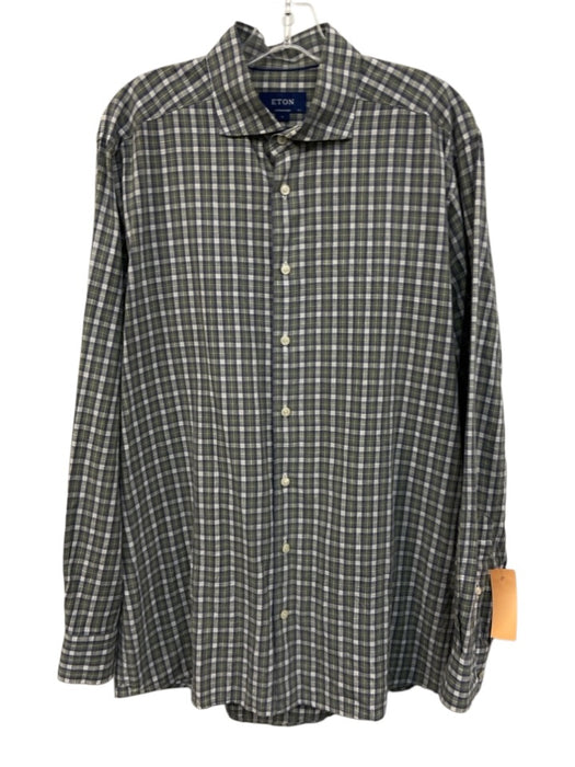 Eton Size XL Green, Blue & White Linen Blend Plaid Button Down Long Sleeve Shirt Green, Blue & White / XL
