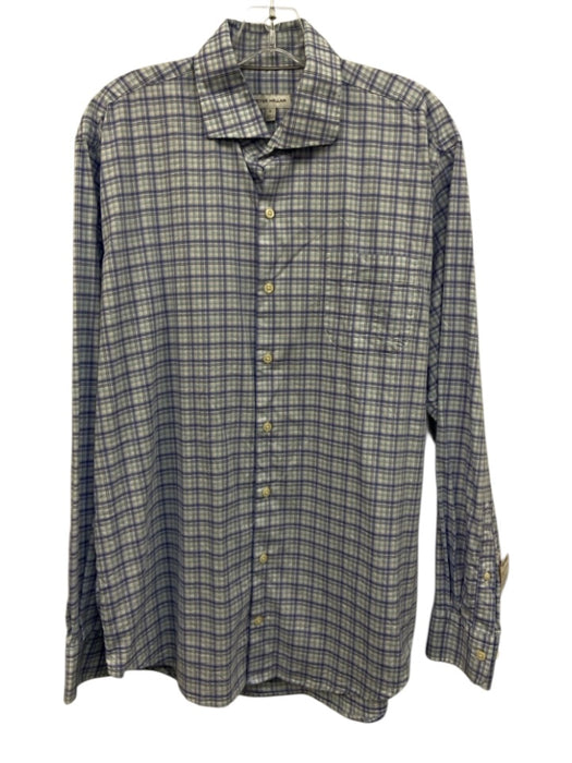 Peter Millar Size L Blue, White & Purple Cotton Blend Plaid Long Sleeve Shirt Blue, White & Purple / L
