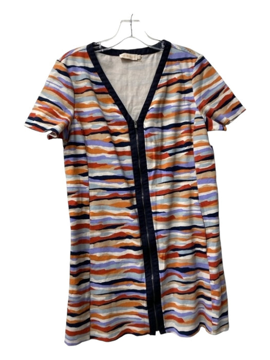 Tory Burch Size XL Orange, Navy, White Cotton V Neck Zip Front Abstract Dress Orange, Navy, White / XL