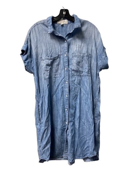 Cloth & Stone Size L Denim Blue Tencel Button Down Collared Short Sleeve Dress Denim Blue / L