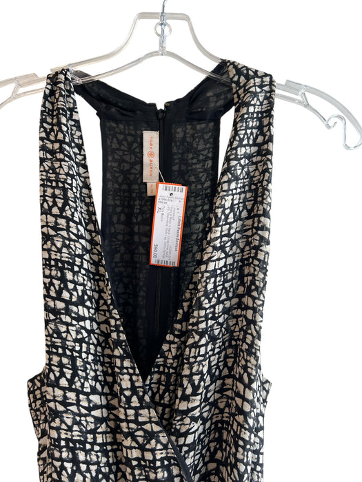 Tory Burch Size XL Ivory & Black V Neck Cross Over Back Zip Sleeveless Jumpsuit Ivory & Black / XL