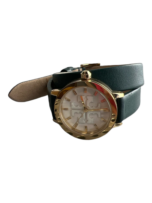 Tory Burch Green Leather Gold hardware Round Face Thin Band Watches Green