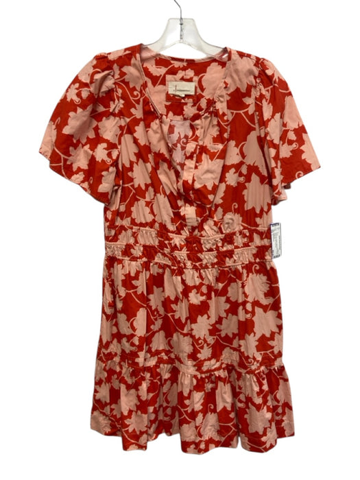 Anthropologie Size L Red & Pink Cotton Split V Neck Pockets Floral Print Dress Red & Pink / L