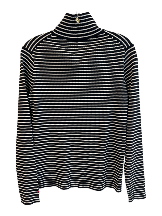 Tory Burch Size XL Black & White Viscose Blend Striped Long Sleeve Back Zip Top Black & White / XL