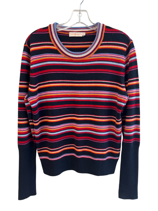 Tory Burch Size Large Black, Orange & Multi Print Wool Blend Striped Sweater Black, Orange & Multi Print / Large