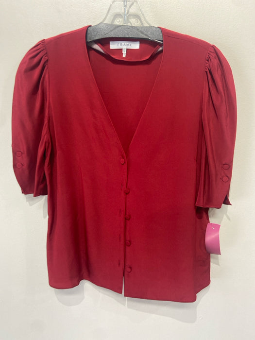 Frame Size XS Red Silk Button Down V Neck Short Sleeve Top