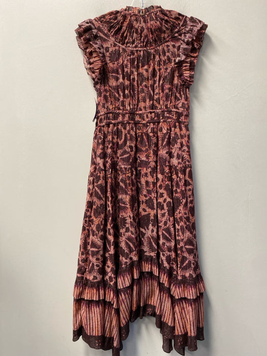 Ulla Johnson Size 6 Cranberry Silk Abstract Print High Neck Tiered Hem Dress