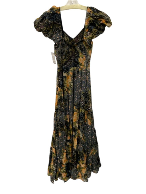 Free People Size S Black, Blue & Multi Cotton Blend Short Puff Sleeve Dress Black, Blue & Multi / S
