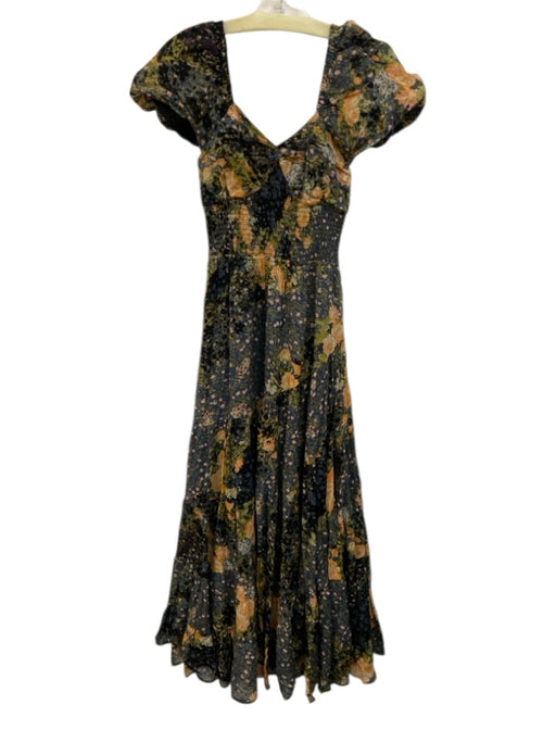 Free People Size S Black, Blue & Multi Cotton Blend Short Puff Sleeve Dress Black, Blue & Multi / S