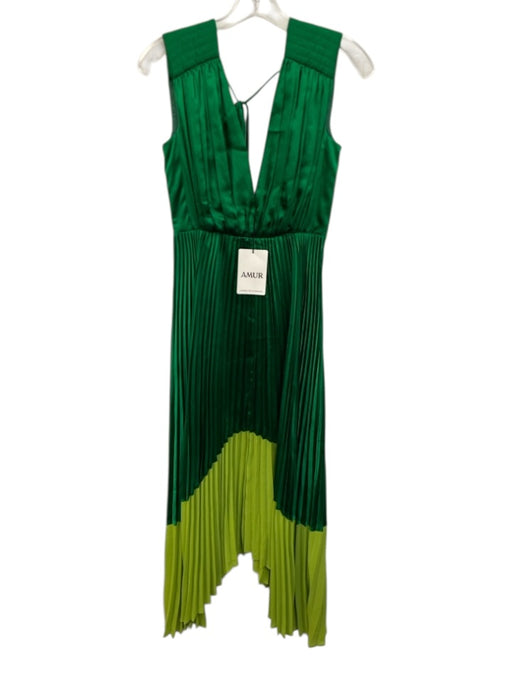 AMUR Size 0 Green Polyester Pleated Color Block Sleeveless V Neck Dress Green / 0