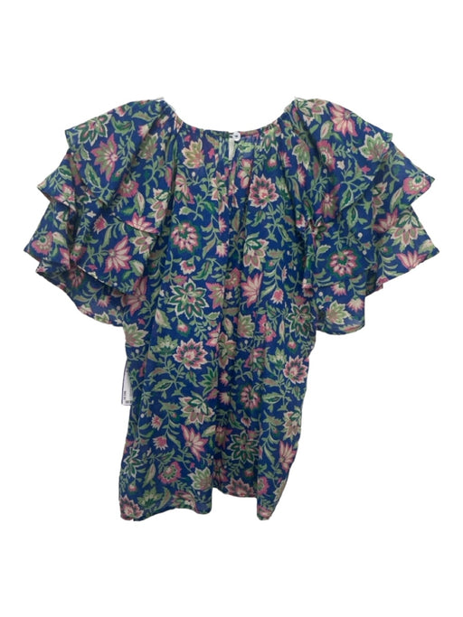 Banjanan Size M Blue Green Pink Cotton Floral Ruffle Cap Sleeve Back Keyhole Top Blue Green Pink / M