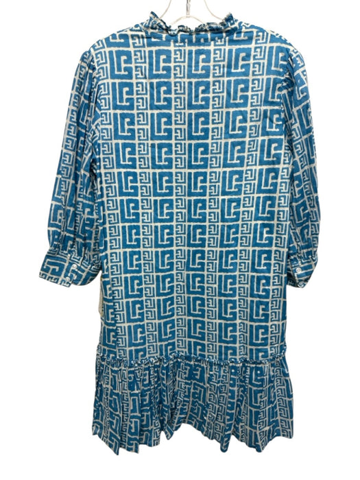 Olivia James the Label Size S White & Blue Cotton Geometric Print V Neck Dress White & Blue / S