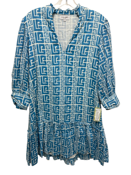 Olivia James the Label Size S White & Blue Cotton Geometric Print V Neck Dress White & Blue / S
