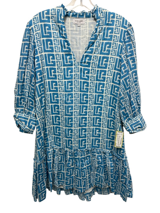 Olivia James the Label Size S White & Blue Cotton Geometric Print V Neck Dress White & Blue / S