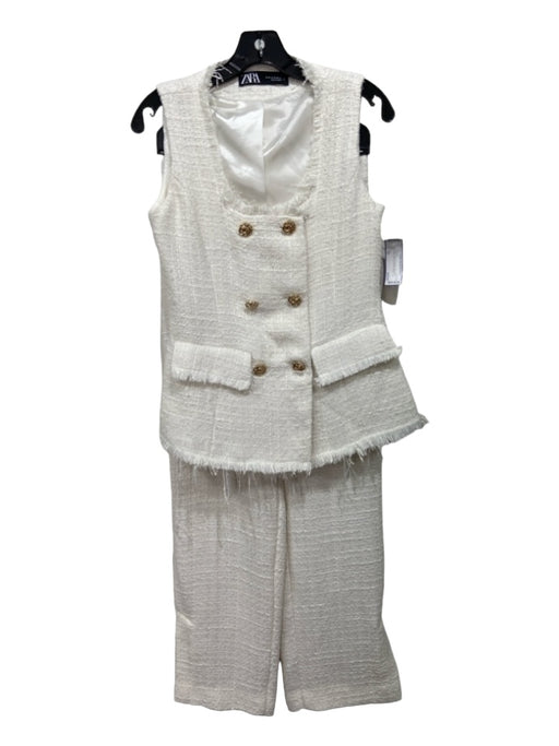 Zara Size XS Cream White Polyester Sleeveless tweed Gold Hardware Pant Set Cream White / XS