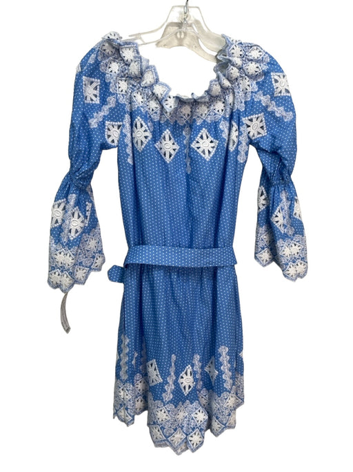 Miguelina Size XS Blue & White Cotton Embroidered Polka Dot 1/2 sleeve Romper Blue & White / XS