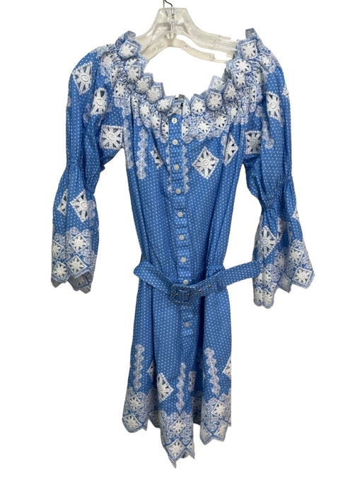 Miguelina Size XS Blue & White Cotton Embroidered Polka Dot 1/2 sleeve Romper Blue & White / XS