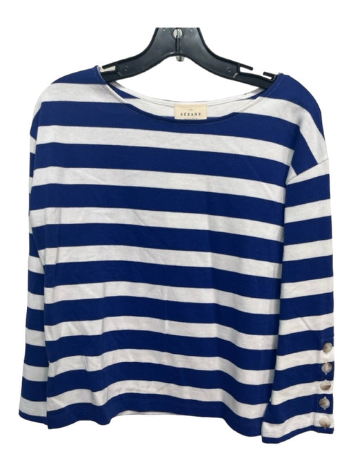 Sezane Size XS Blue & White Cotton Striped Round Neck Long Sleeve Top Blue & White / XS