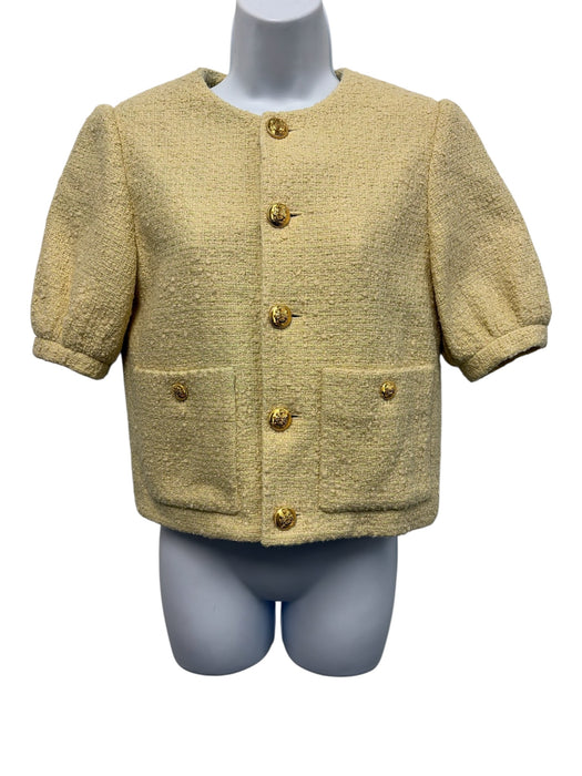 Celine Size 34 Butter Yellow Wool Blend Short Sleeve Knit Boucle Pockets Jacket Butter Yellow / 34