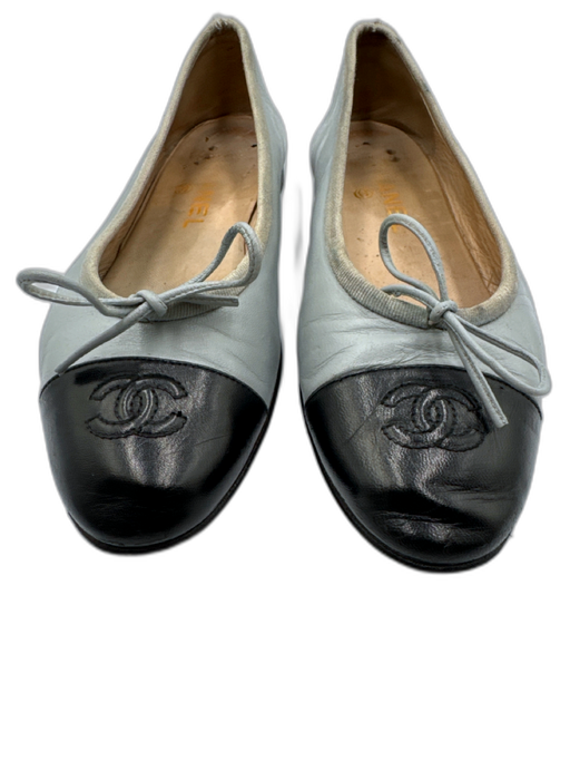 Chanel Shoe Size est 37 Blue & Black Leather Cap Toe Bow Detail Slip On Flats Blue & Black / est 37