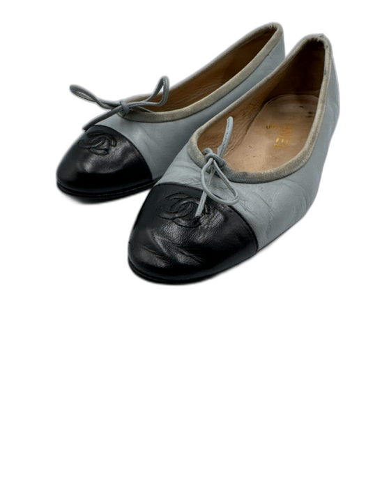 Chanel Shoe Size est 37 Blue & Black Leather Cap Toe Bow Detail Slip On Flats Blue & Black / est 37