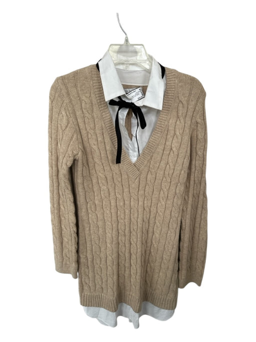 English Factory Size S Tan & White Acrylic Blend Cable Knit Shirt Collar Dress Tan & White / S