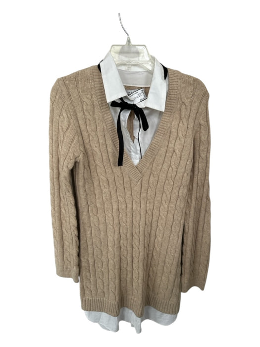 English Factory Size S Tan & White Acrylic Blend Cable Knit Shirt Collar Dress Tan & White / S