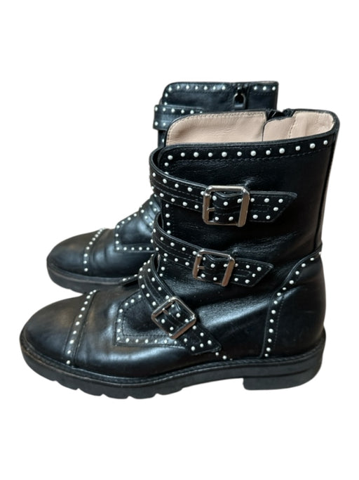 Stuart Weitzman Shoe Size 8 Black & Silver Leather Studded Buckles Moto Booties Black & Silver / 8