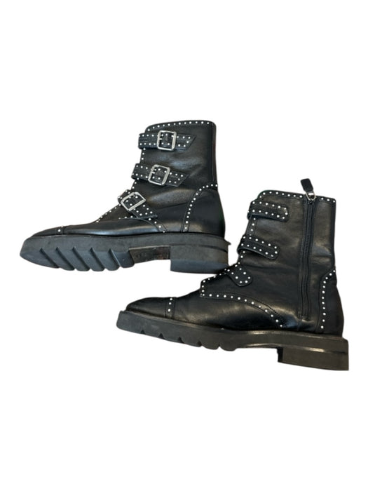 Stuart Weitzman Shoe Size 8 Black & Silver Leather Studded Buckles Moto Booties Black & Silver / 8