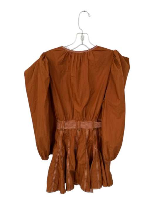 Ulla Johnson Size 4 Rust Cotton Long Balloon Sleeve Stitching Belted Dress Rust / 4