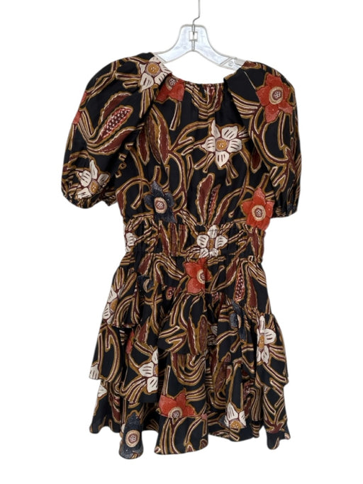 Ulla Johnson Size 2 Black & Rust Silk 3/4 Balloon Sleeve Flowers Front Tie Dress Black & Rust / 2