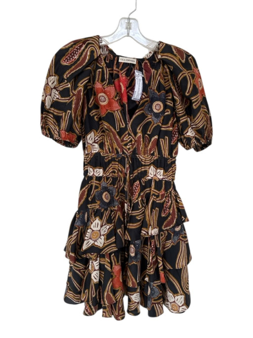 Ulla Johnson Size 2 Black & Rust Silk 3/4 Balloon Sleeve Flowers Front Tie Dress Black & Rust / 2