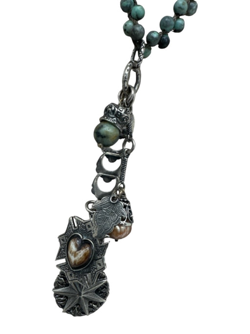 Love Heals Silver & Green Crochet Beaded Charms Toggle Clasp Long Necklace Silver & Green