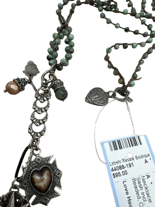 Love Heals Silver & Green Crochet Beaded Charms Toggle Clasp Long Necklace Silver & Green