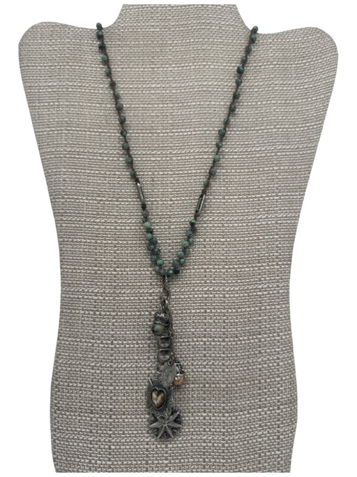 Love Heals Silver & Green Crochet Beaded Charms Toggle Clasp Long Necklace Silver & Green