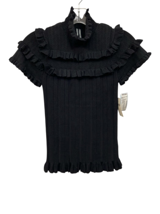 Anthropologie Size S Black Viscose Short Sleeve Knit Ruffle Detail Top Black / S