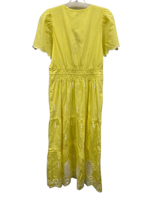By Anthropologie Size M Yellow & White Cotton Short Sleeve Split Neck Midi Dress Yellow & White / M