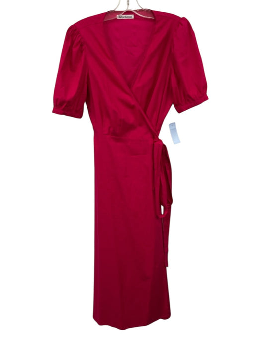 Reformation Size M Hot pink Cotton Short Puff Sleeve Wrap V Neck Midi Dress Hot pink / M