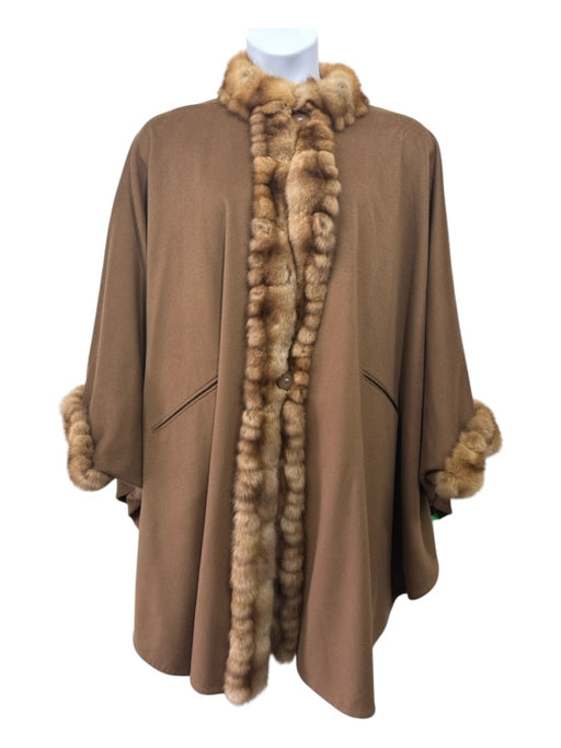 Anpel Brown Wool & Cashmere Mink Fur Accent Open Front Draped Poncho Brown / L/XL