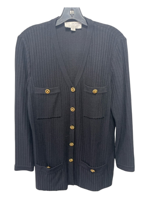 St John Collection Size 6 Black & Gold Wool Ribbed 4 Pocket Gold button Cardigan Black & Gold / 6