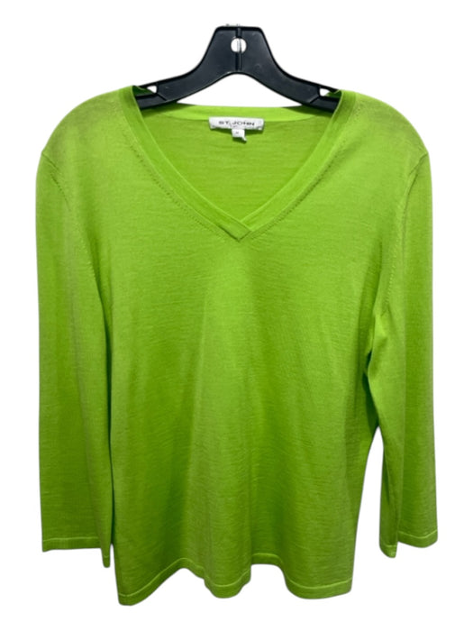 St John Size M Green Merino Wool & Silk V Neck Thin Knit Long Sleeve Top Green / M