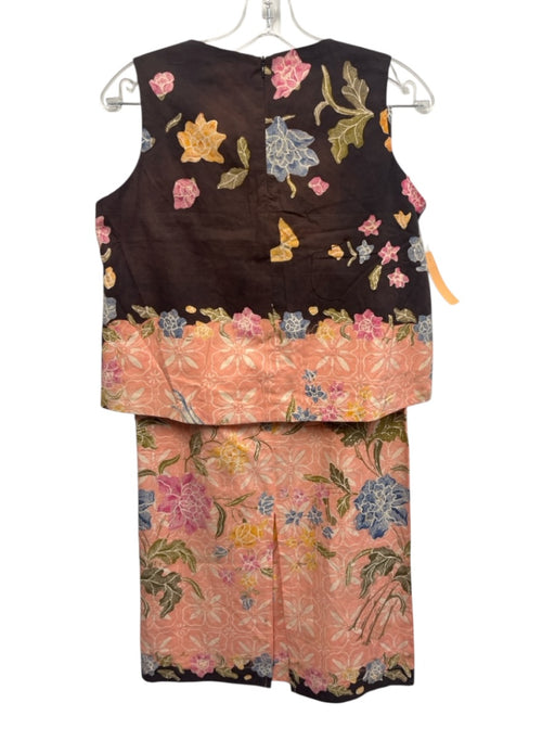 Camilo Size Est S Brown, Pink, Blue Linen Floral Sleeveless Midi Skirt Set Brown, Pink, Blue / Est S