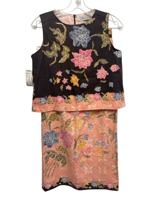 Camilo Size Est S Brown, Pink, Blue Linen Floral Sleeveless Midi Skirt Set Brown, Pink, Blue / Est S