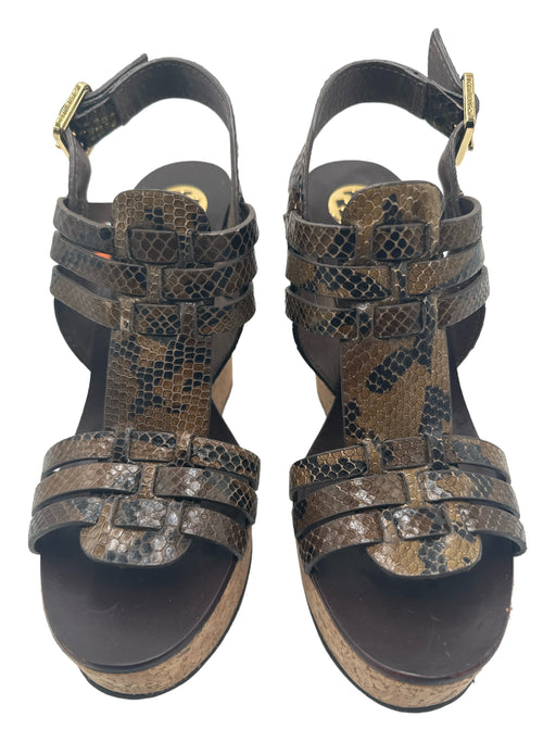Tory Burch Shoe Size 7.5 Brown Cork Snake Open Toe Strappy Gold Hardware Wedges Brown / 7.5